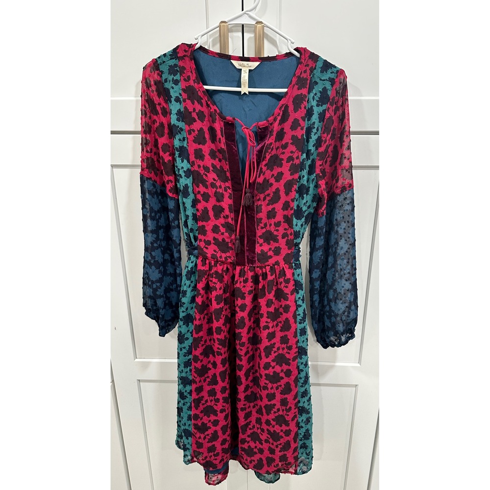 Matilda‎ Jane Womens Multicolor Floral Velvet Trim Tie Neck Dress Size Medium